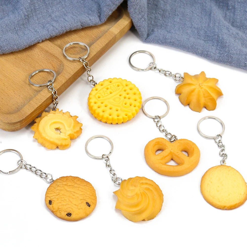 Simulation Butter Cookies Keychain Artificial Pastry Tasty Food Model Car Key Ring Bag Charm Pendant Keyring Fun Jewelry Gifts