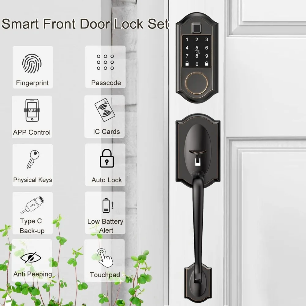 Serrature intelligenti per porta d'ingresso, catenaccio con serratura per porta d'ingresso senza chiave con set di maniglie, set di serrature per porta d'ingresso, controllo APP, porta con impronta digitale