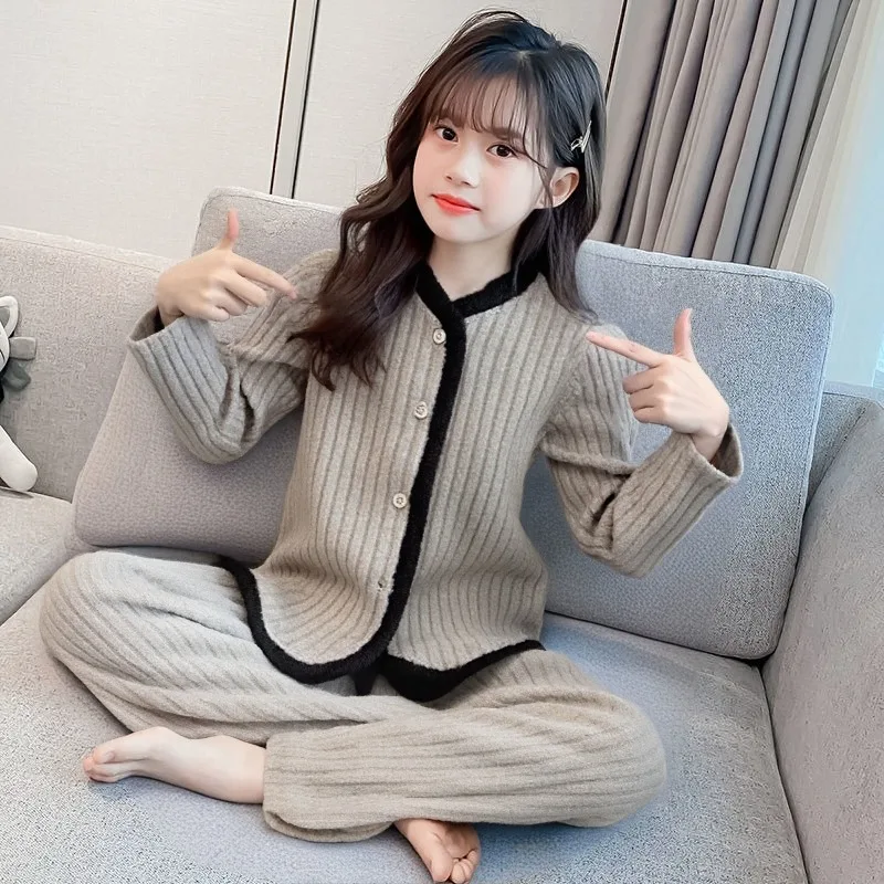 Children's Sleepwear Autumn Winter Warm Fleece Cardigan Set Long Sleeve Girls' Casual Outwear German Velvet Tween Kids Pajamas