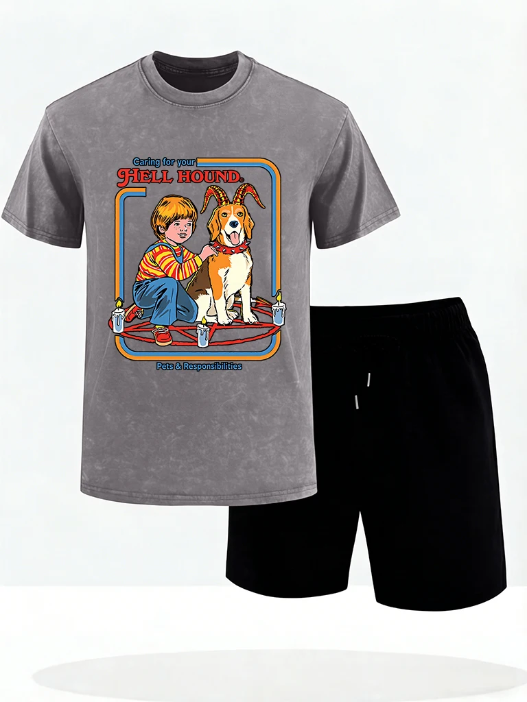 

Caring Hell Hound Pet Design Retro Men T-Shirt Fashion O-Neck Tee Set Street Hip Hop Creative Clothing Unisex Soft Cotton Top