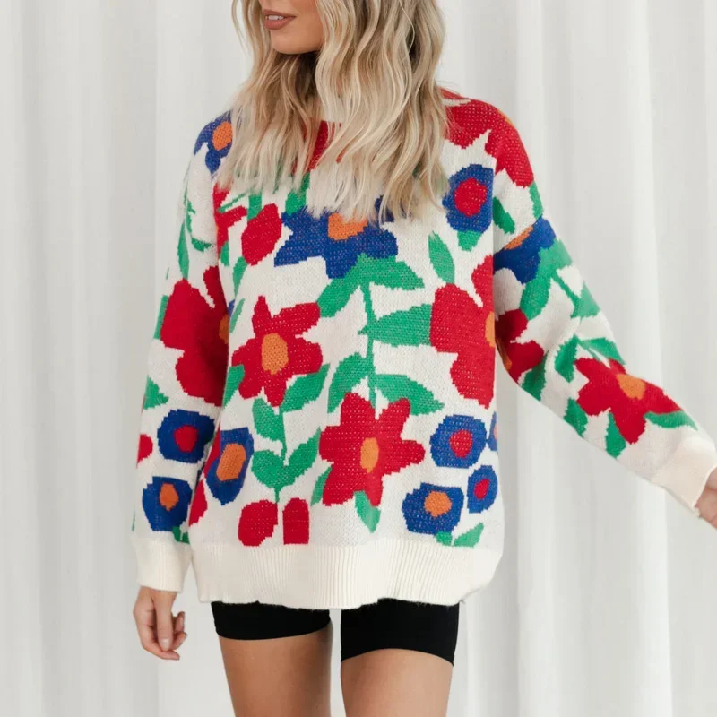 

Autumn Vintage Flower Printed Sweater Women New Colorful Long Sleeve Knitwear Pullover Female Casual Fashion O Neck Loose Jumper