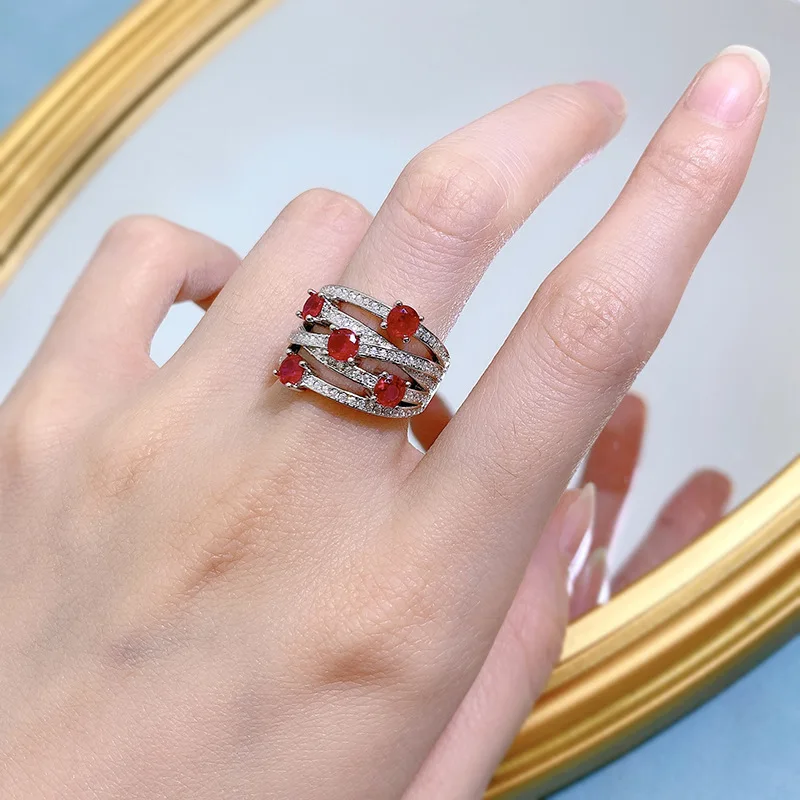 KQDANCE 925 Sterling Silver Line Cross Emerald Cut Create Ruby Diamond Rings With Red Gem Stones Wedding Jewelry for Women 2022