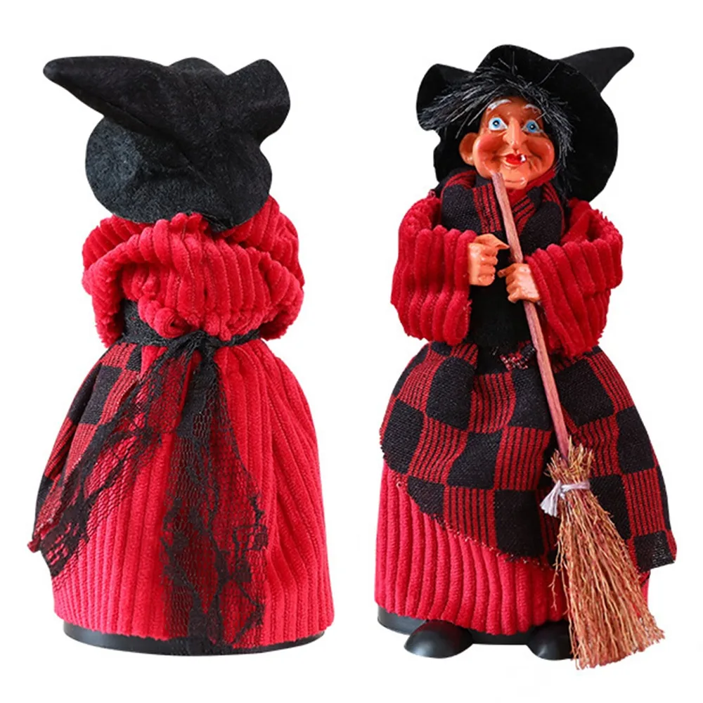 Regalo per bambini Statue di streghe con manico di scopa creativo Divertente retrò Halloween Strega Ornamento Artigianato di stoffa Figurine di streghe Disposizione della scena
