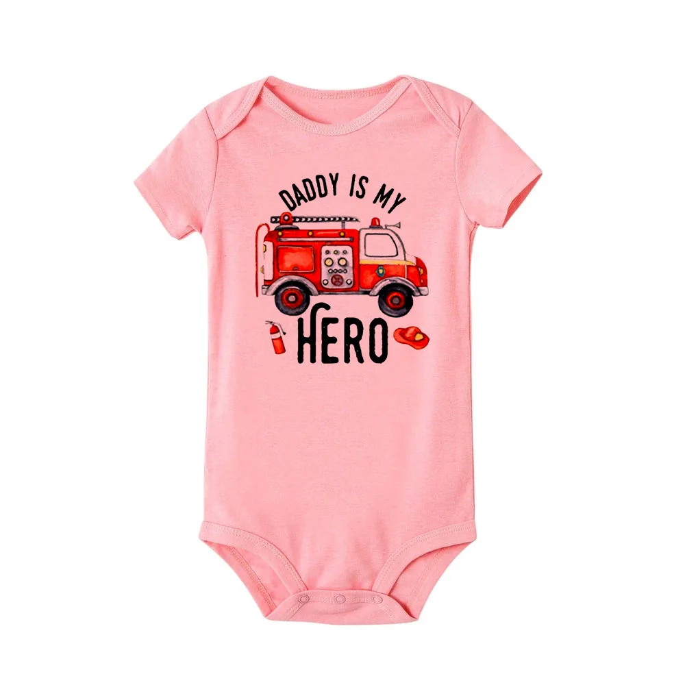 Daddy Is My Hero Baby Bodysuit Cartoon Fire Truck Print Toddler Jumpsuit Summer Short Sleeve Newborn Outfits Boys Girls Clothing