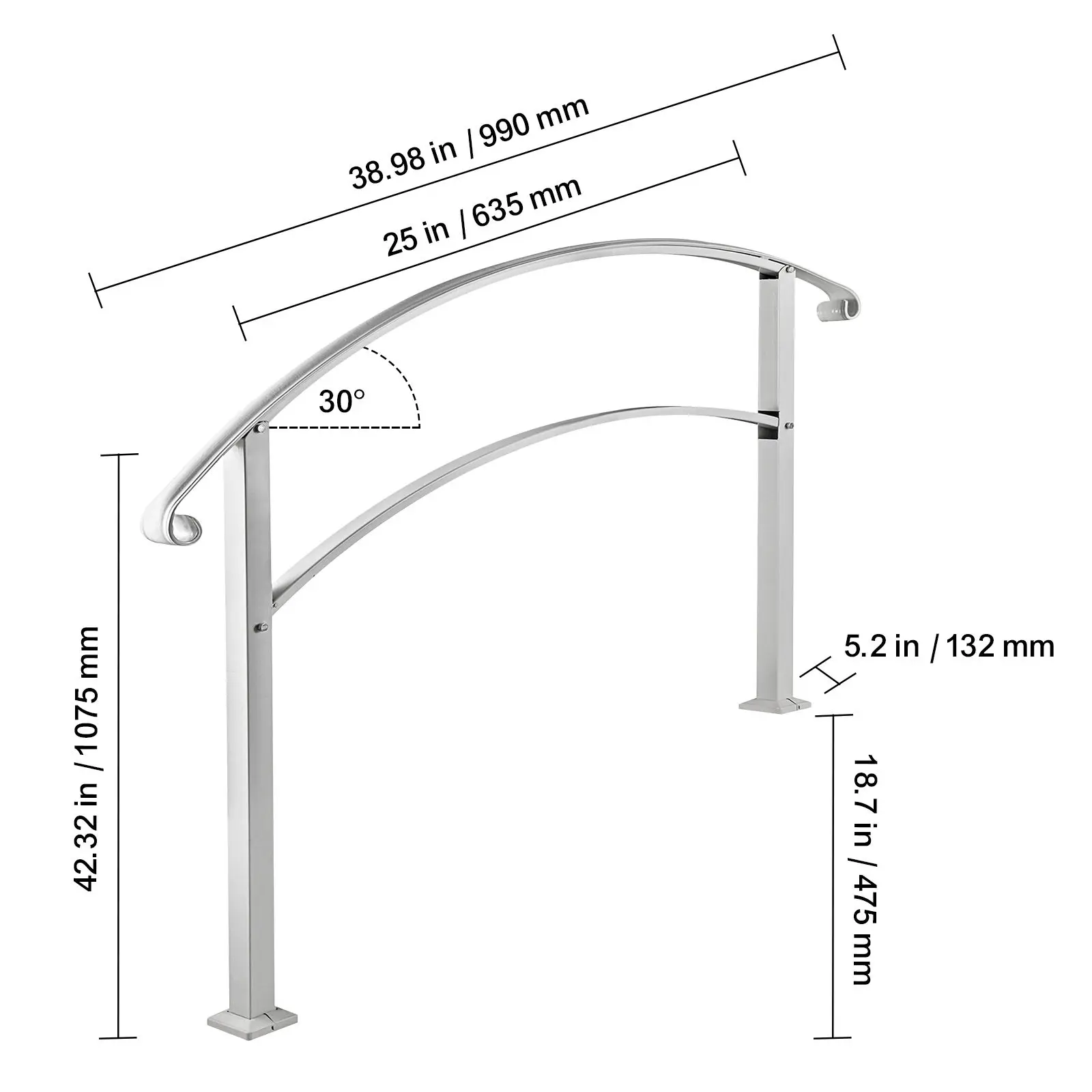 Handrails for Outdoor Steps, Fit 1 or 3 Steps Outdoor Stair Railing, White Wrought Iron Handrail, Flexible Front Porch Hand Rail, Transitional Handrails for Concrete Steps or Wooden Stairs - view 8