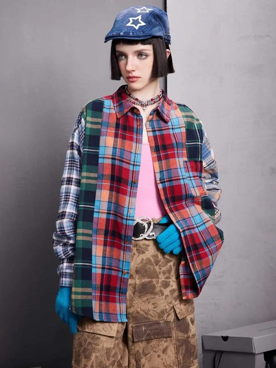 REDDACHiC Women Rainbow Plaid Blouse Top Patchwork Long Sleeves Shirt Pocket Y2k Vintage Scotland Loose Casual Cardigan Jacket