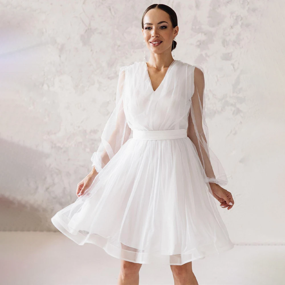 Robe de Mariée Courte à Manches sulfet Col en V pour Femme, Tenue de Mariage Simple, Longueur aux Genoux, avec Ceinture en Tulle Blanc, 2023