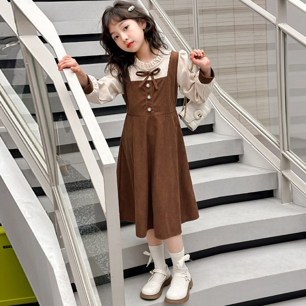 Girls and Teenagers Aged 8-12 Fall New School Children's Clothes Lace Long Sleeved Bow Color Blocked Dress Korean Version