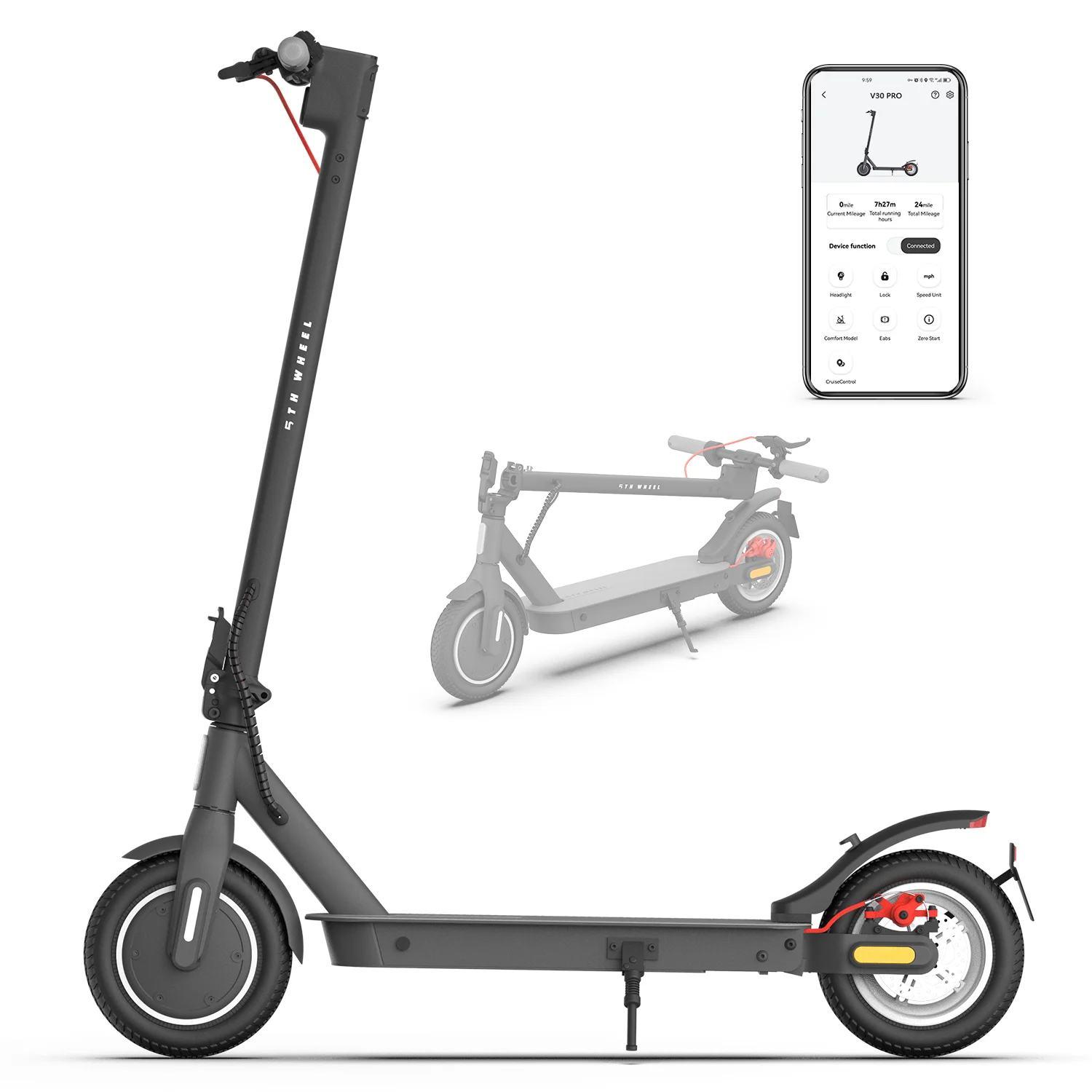 Image of 5TH WHEEL E-Scooter für Erwachsene, 350W Nennleistung / 500W Spitzenleistung, 25km/h Höchstgeschwindigkeit, 32-35km Reichweite, Doppel-Scheibenbremssystem, 10" Wabenreifen, App-verbundenes