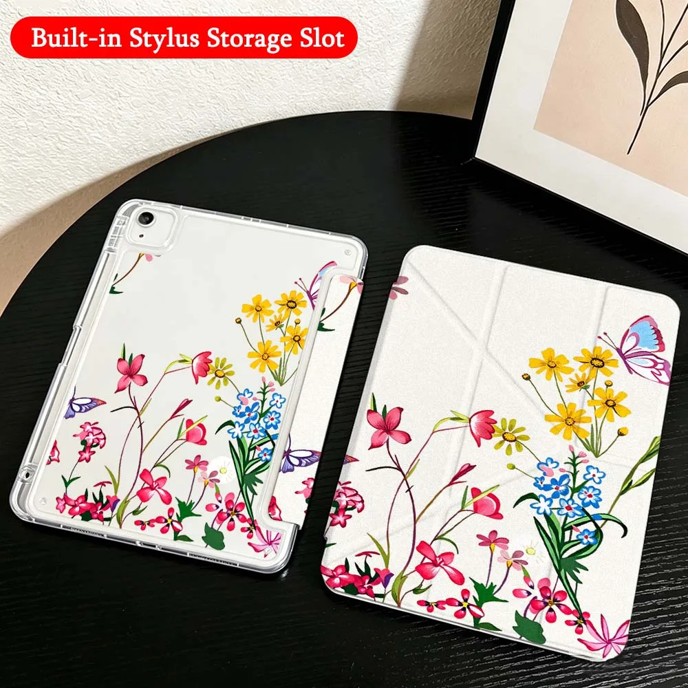 Cartoon Flower Butterfly Case For iPad Mini Pro Air 5 6 7 8 9 10th 11th 11 9.7 10.9 13 inch Transparent Y-Shaped Folding Tablet