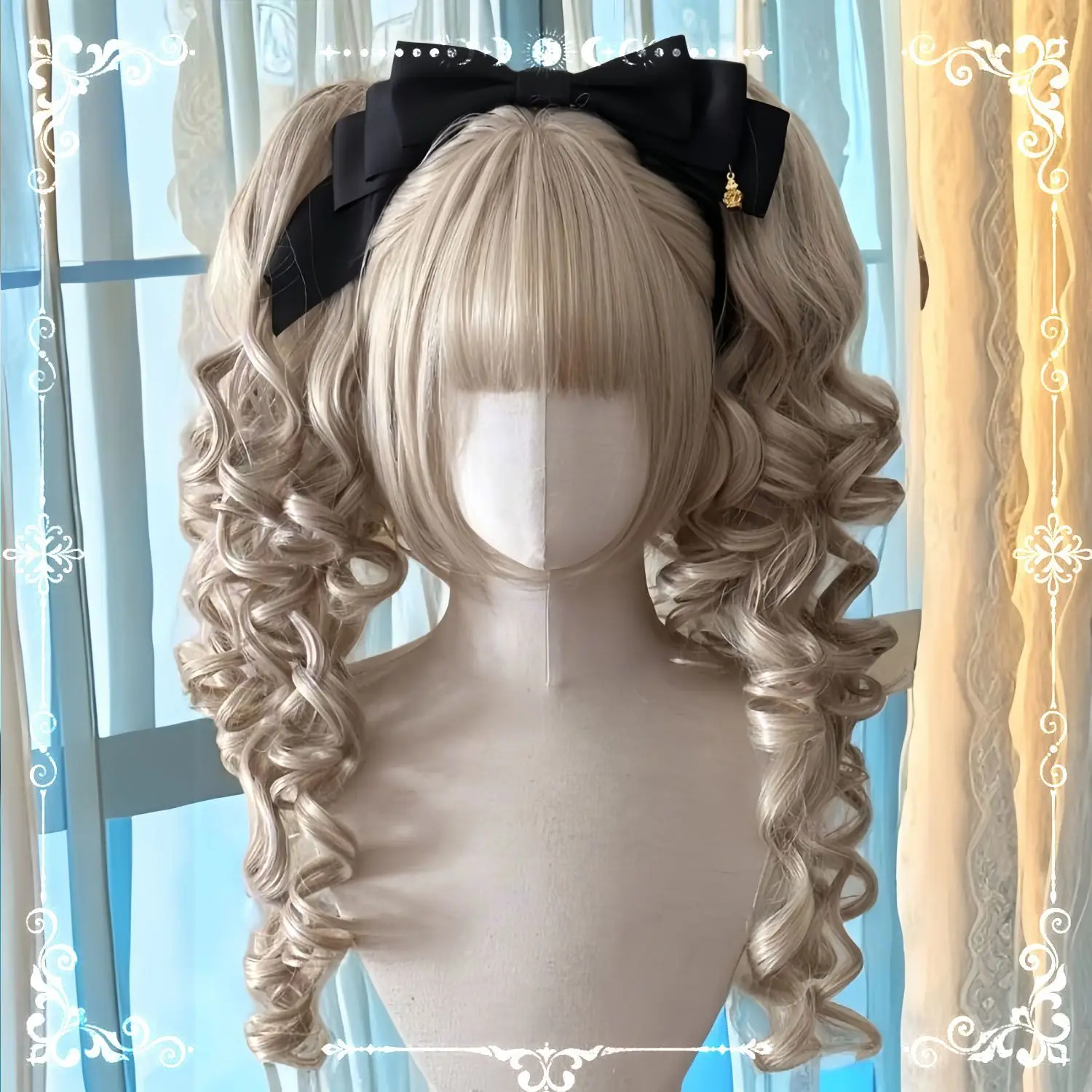 Vintage Lolita pruik - Bobo-snit met gespleten paardenstaarten, Romeinse krullen cosplay haarstukje, dagelijkse gotische accessoires, volledige hoofdbedekking