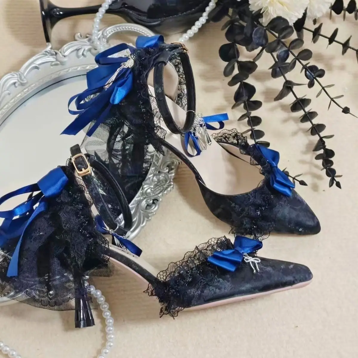 2025 ใหม่รองเท้าแต่งงานดอกไม้Lolitaสีม่วงลูกไม้สีฟ้าชี้Toeรองเท้าส้นสูงผู้ใหญ่พิธีHandmade