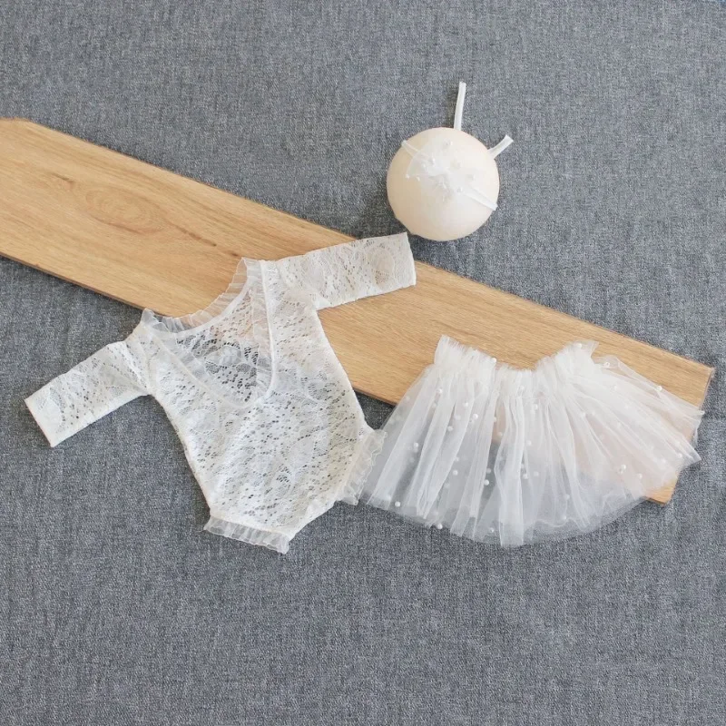 Long Sleeve Lace Bodysuit Beaded Tulle Skirt Clothing Set Posing Attire For Studio Portrait Photography Scene Shooting Supplies