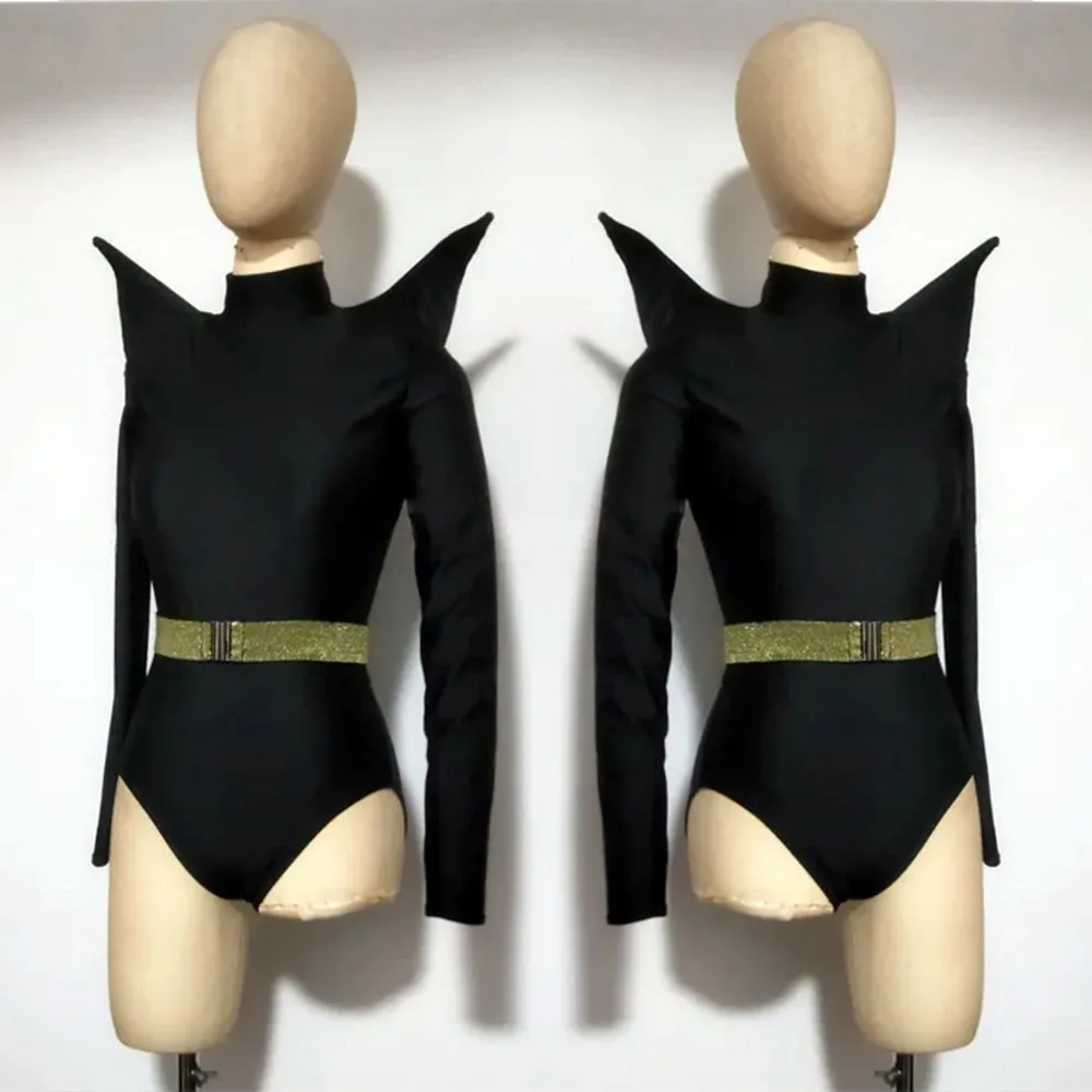 레드 블랙 플라이 숄더 스테이지 바디 슈트 여성 DJ 가수 댄서 섹시한 무대 착용 재즈 댄스 레오타드 나이트 클럽 공연 의상