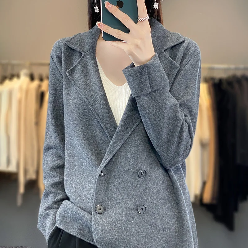 Spring Autumn Suit Collar Worsted Wool Coat Women's Solid Color Loose Long-Sleeved Knitting Outside Joker Temperament Cardigan