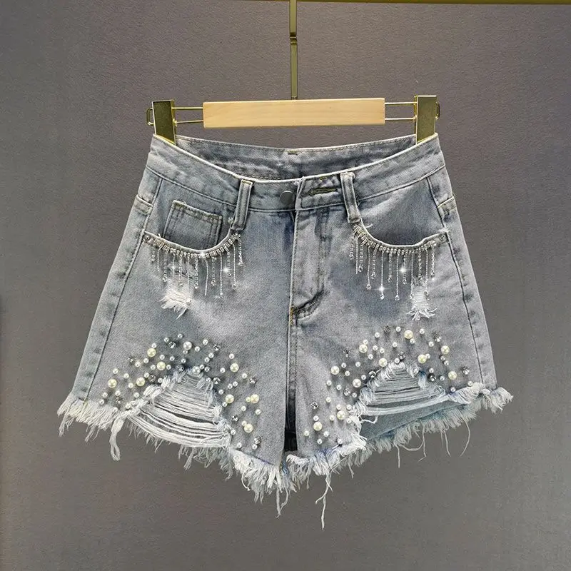 2024 Summer Elegant Shorts Lady Tassel Beading High Waist Wide Leg Denim Shorts Female Casual Shorts Jeans for Women Clothing