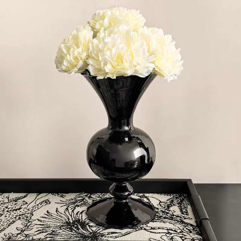 LIVETAI Vintage Black Glass Vase French Retro Hydroponic Flower Vase Elegant Centerpiece for Living Room Dining Table Home