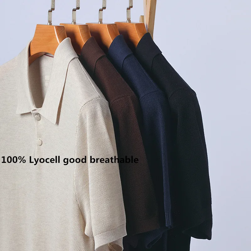 

Good 100% Lyocell Knitting Polo shirt men 2026 Summer Luxury Breathable Knitwear Short Sleeve Clothes Pullover Knit t-shirt