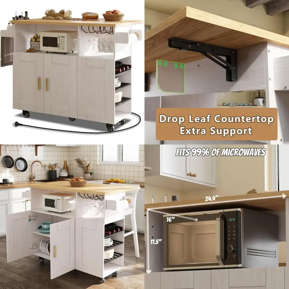 Кухонный остров на колесиках со столешницей, розеткой и хранилищем для улучшенного приготочного пространства