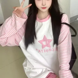 2000s Harajuku Pink Striped Long Sleeved T-shirt Y2k Girls Japanese Style Gothic Shirt Cute Fashion Star Print Thin Hoodie Women