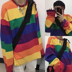 Korean Women Long Sleeve O-Neck for T Shirts Harajuku Rainbow Striped Printed Pullover Tunic Tops Hip Hop Casual Dropship