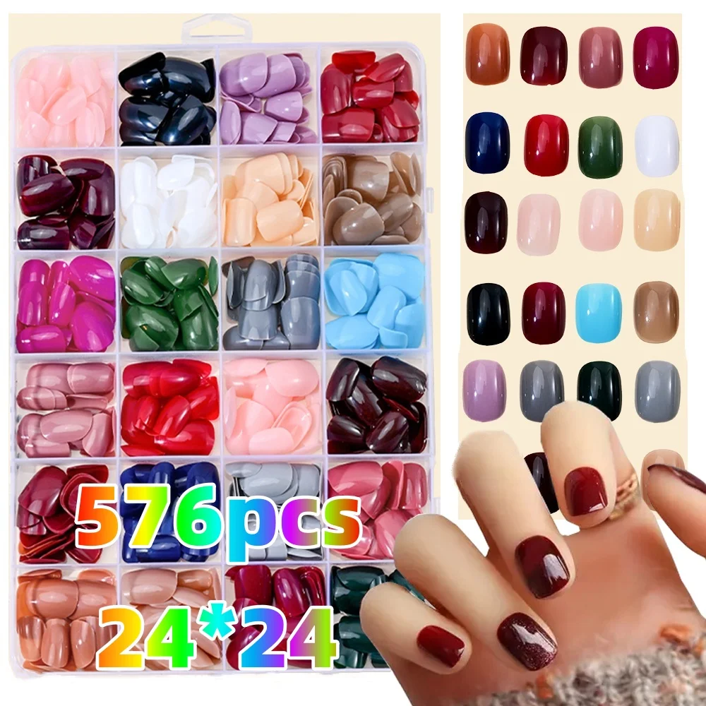 576pcs Press-On Nails Set 24Colors Glossy Acrylic False Nails Full Cover Short Square Shape Fake Nails Solid Pattern Nail Access