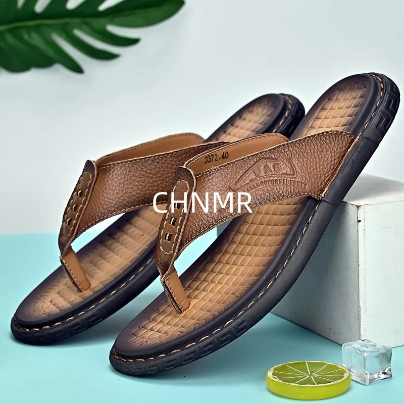 New Slippers for Man Outdoor Korean Summer Trendy Men\'s Flip Flops Beach Casual Fashion  Bathroom Flats Genuine Leather Shoes