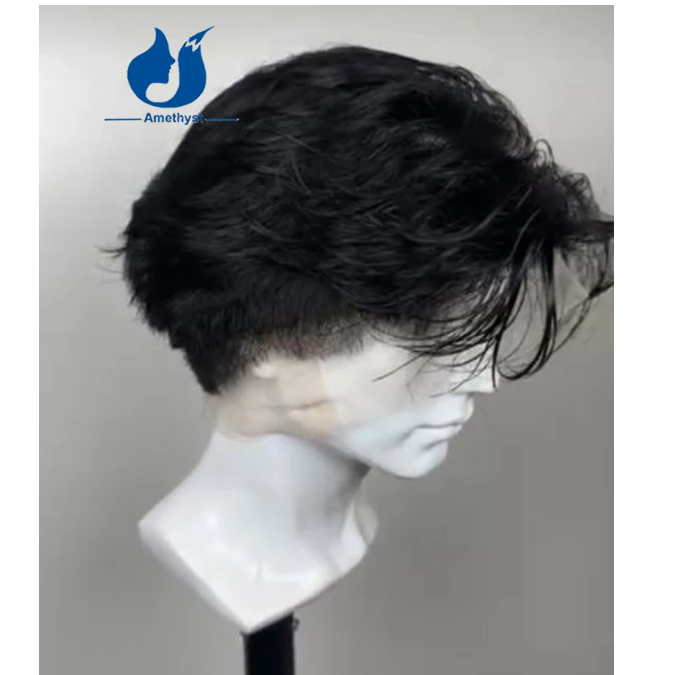 

Amethyst Shaved Full Lace Wig Brazilian Remy Hair for Men Short Pixie Cut Wig with Layers Pre Styled Natural Black Pre Plucked