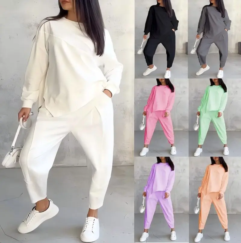 Casual round neck loose irregular long-sleeved sweater suit autumn and winter women\'s wear
