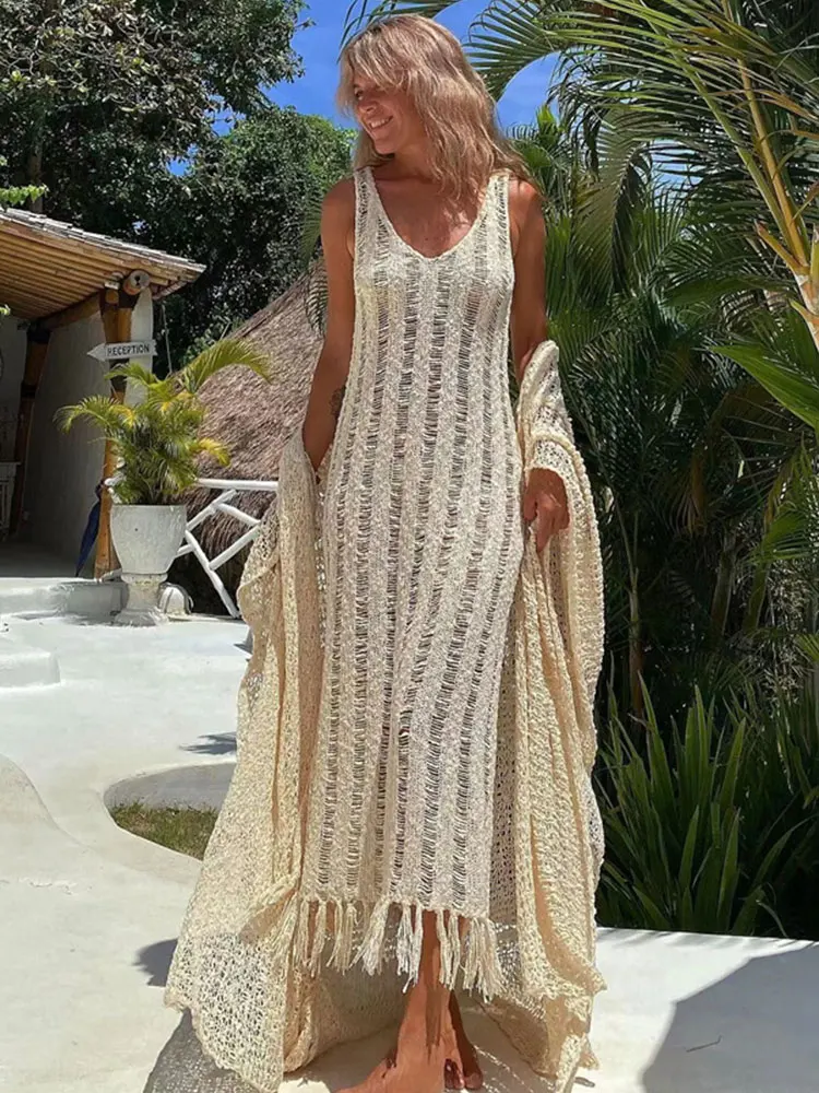 2024 Sexy See Through Mesh Slim Bodycon Summer Beach Maxi Dress Tassel Hollow Out Bikinis Cover-ups Knitted Beachwear A2375