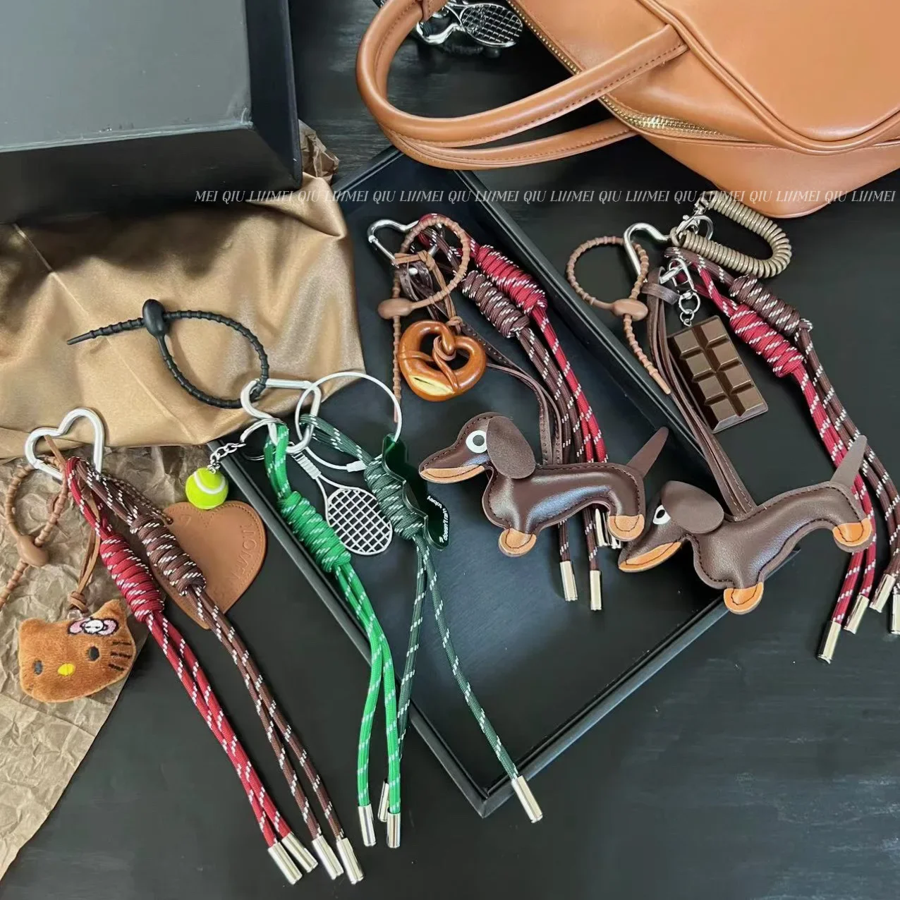 Ins Niche Personalized Keychain Bag Sausage Dog K T Pendant Couple Woven Hanging Rope Decoration Bag Accessories