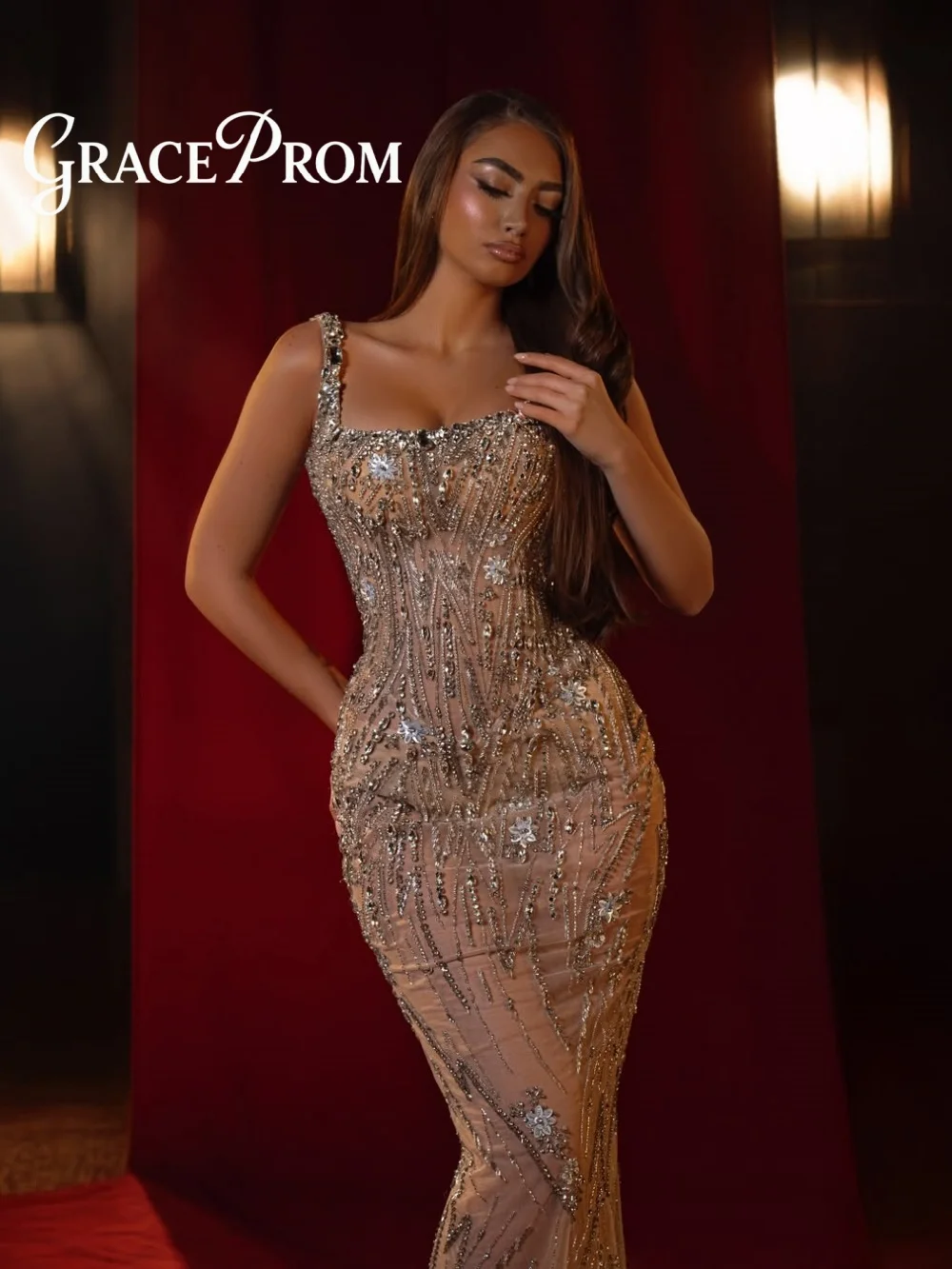 

GraceProm Square Spaghetti Strap Evening Dress Romantic Sleeveless Floral Beaded Gown Sexy Floor Length Gown robes de soirée