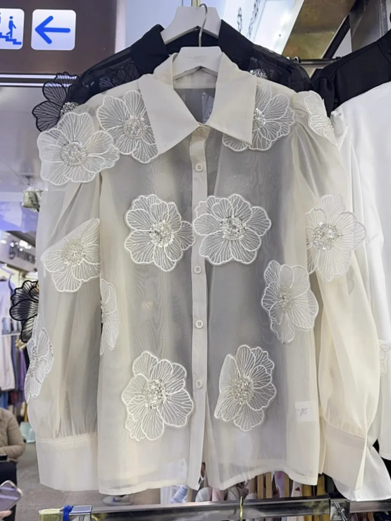 

Turn Down Collar Slightly Transparent Sweet Shirts Single-breasted Stereo Flower Unique Blouses Blusas 2024 Spring New Blusas