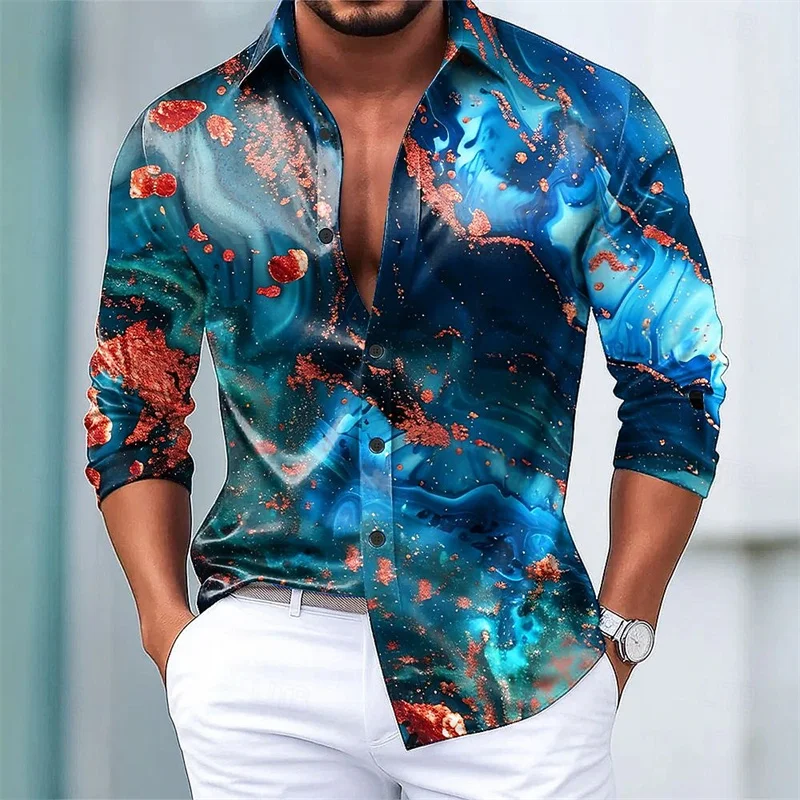 2026 New Men's Shirt with Starry Sky Print, Long-Sleeved, Trendy, Slim Fit, Lapel Collar, Outdoor Casual Style, Sizes XS-6XL
