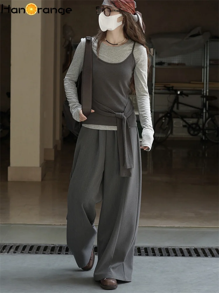 HanOrange 2026 Autumn Winter Lazy Base T-Shirt Women + Camisole Two-piece Set Slim Top Dark Gray/Snow Gray