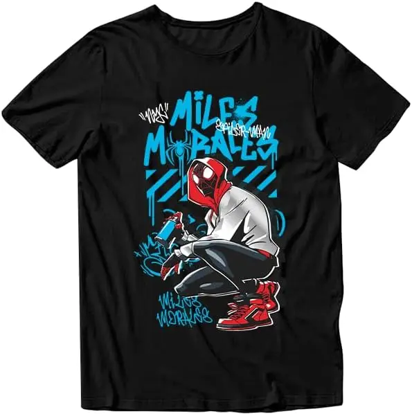 

Marvel Miles Morales Graffiti Crouch Short Sleeve T-Shirt New Arrival Plus Size 100% Cotton Fashion Round Neck Unisex Loose Tee
