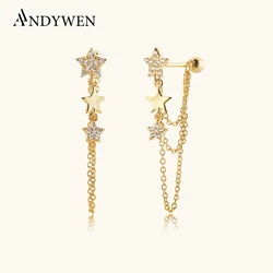 ANDYWEN 925 Sterling Silver Gold Star Charm Chain Beads Ear Pin Drop Earring Women Party Luxury Jewelry Cartilage Stud Earrings