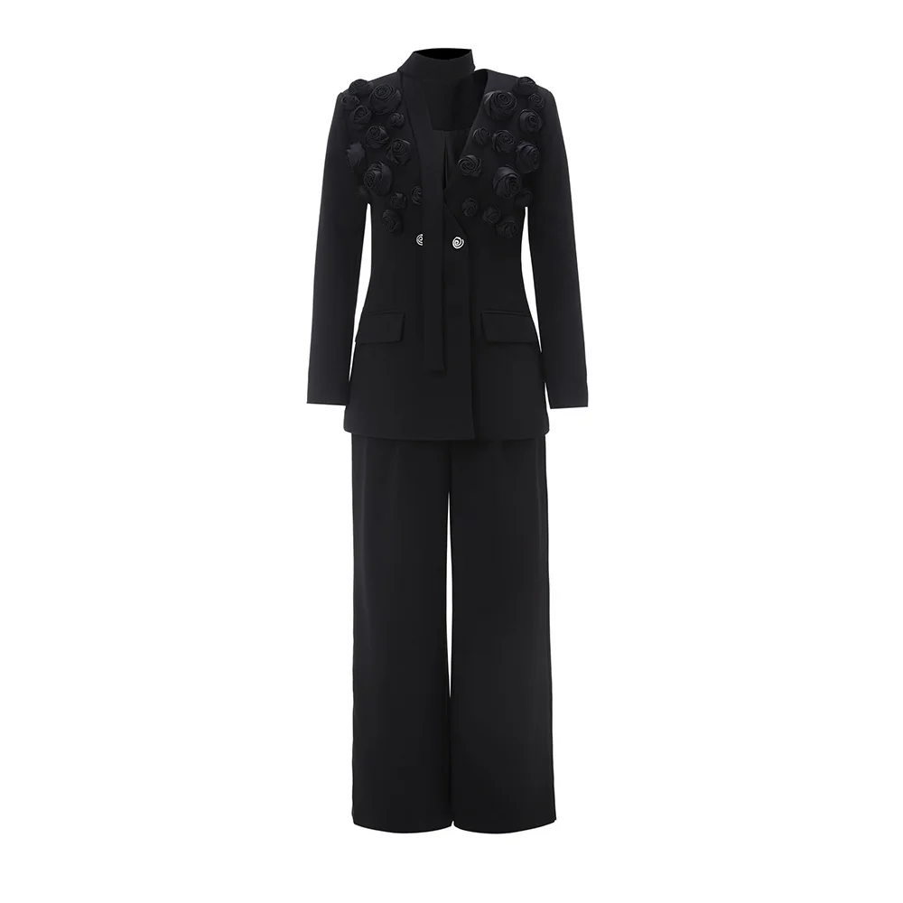 TWOTWINSTYLE Solid Two Piece Set For Women Lapel Long Sleeve Spliced Appliques Coat High Waist Wide Leg Pant Chic Sets Female