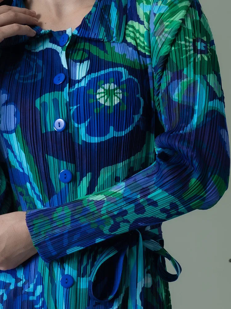 Luxury Brand Pleated Dress New Autumn Loose Long Sleeve Shirt Dress Patchwork Printed Spring Summer Long Dresses Single-breasted