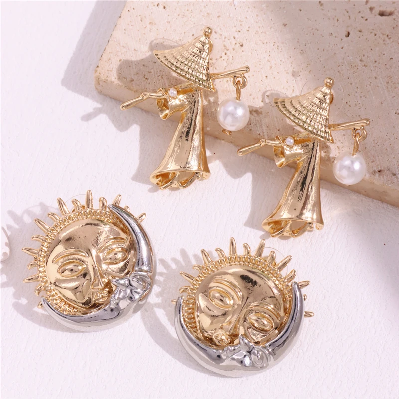 HUANZHI Cute Hat Fisherman Stud Earring Sun Moon Gold Silver Color Imitation Pearl Personality Vintage Jewelry for Women New