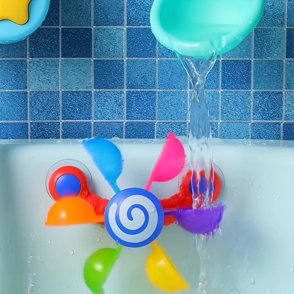 Showering, turning, playing with water, windmill with spoon, baby bathroom, playing with water, rainbow windmill, showerhead toy