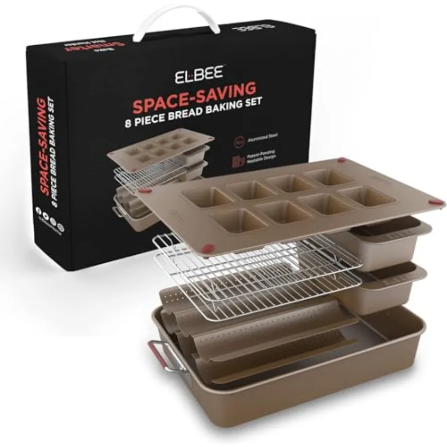 

Home 8-Piece Nonstick Space Saving Bread Baking Pan Set - Includes Large Roasting Pan - Bread Loaf Pan - Baguette Pan - Cooling