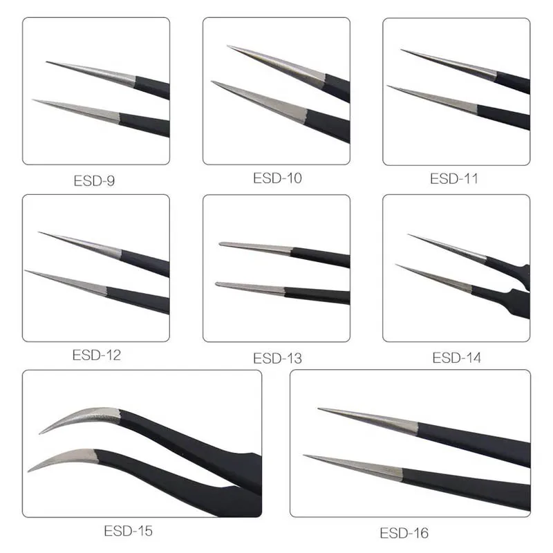 Pinset ESD9-16 terbaik profesional 302 baja tahan karat antistatis presisi tinggi alat Forceps bulu mata lurus melengkung