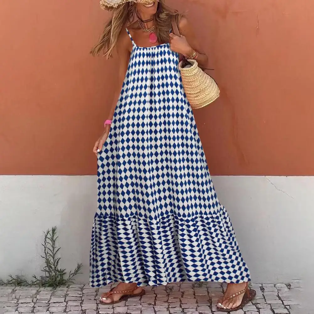 Abito lungo Boho senza maniche da donna Abito lungo estivo fluido senza schienale Abito estivo casual con volant da spiaggia