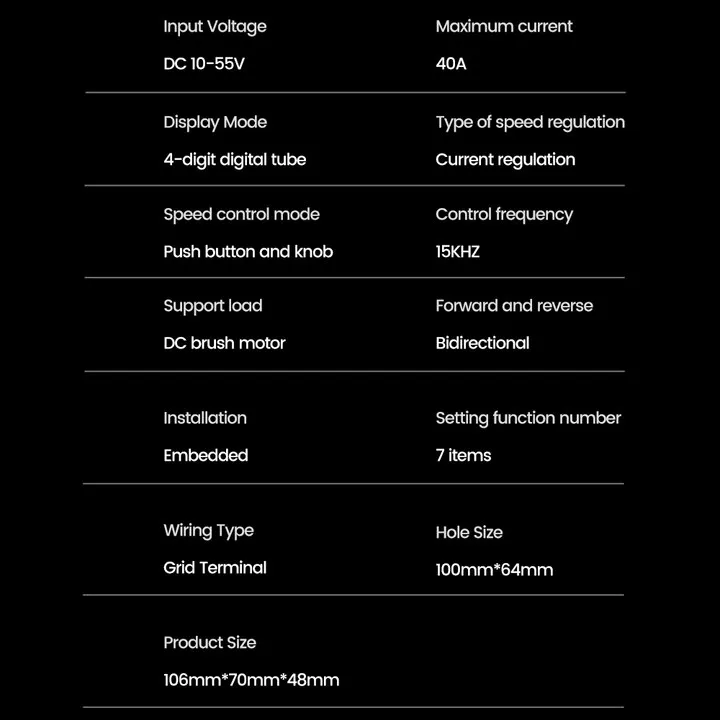 Controlador de Motor de CC DC10-55V 40A, velocidad ajustable PWM, pantalla Digital de 4 bits, tacómetro de tubo, interruptor de botón, perilla de regulación de velocidad