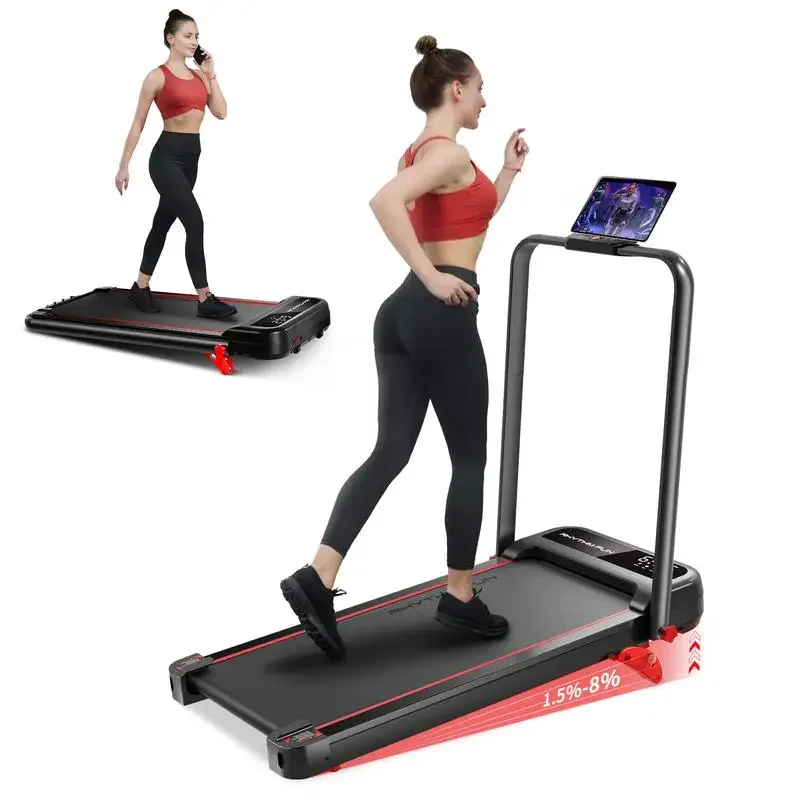 RHYTHM FUN Incline Foldable Treadmill with Handlebar Under Desk Walking Pad 300 Lbs Portable Exercise Equipment