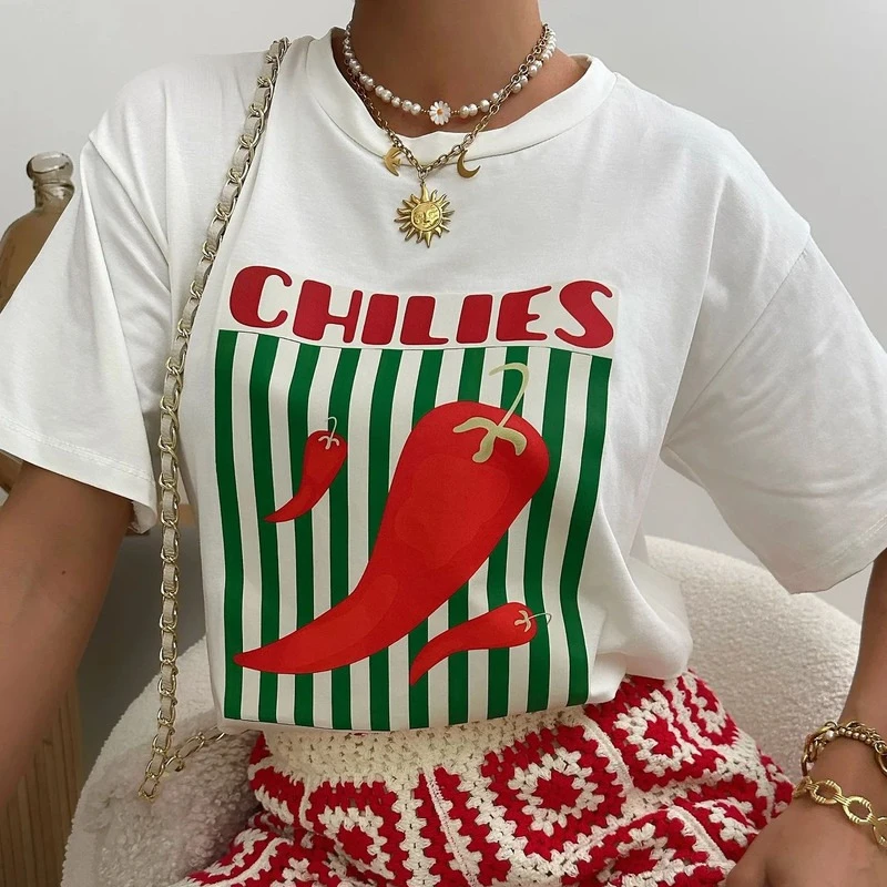 Summer Ins Chili Graphic Printed T-shirt Street Personality Women's Letters Versatile Cotton Short-sleeved Oversize Top
