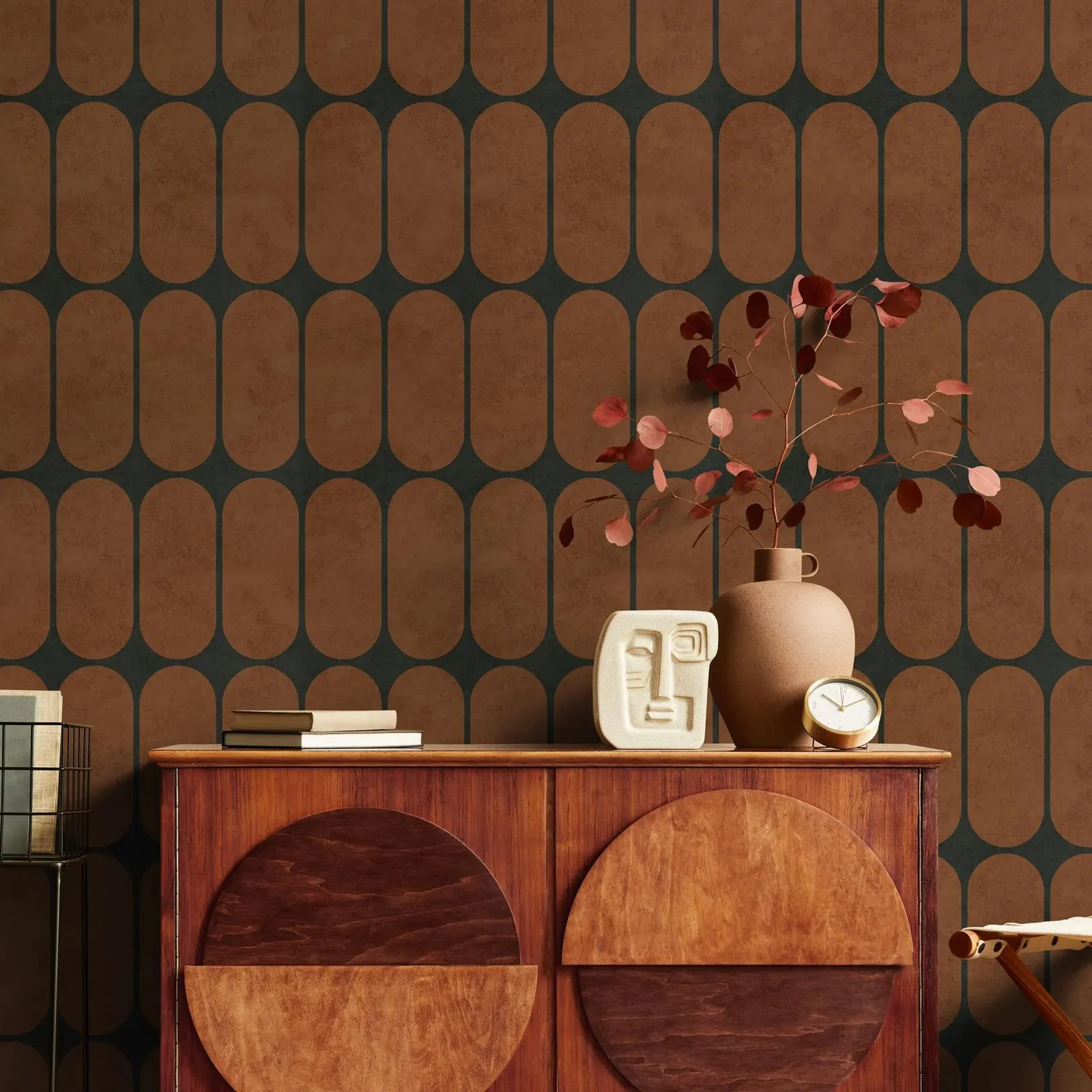 Mid-century Arch Motif Geometric Wallpaper,Brown and Dark Gray Wall Mural For Home Decoration. Self-adhesive Or Tradition Papers