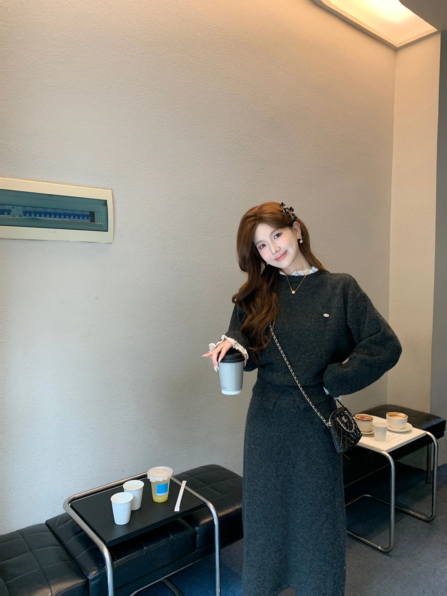 

DbyDoi Knitted Winter Outfit Elegant Two-Piece Set Sweater Dress Skirt Rich Girl Style Casual Fashion Women's Ensemble