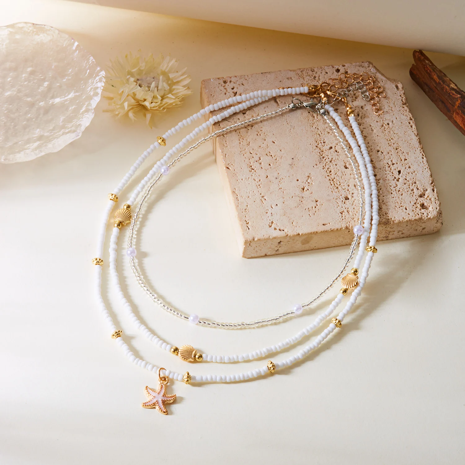 Böhmische Mehrschichtige Perlenkette für Frauen Goldfarben Seestern-Muschel-Anhänger Choker Sommer Strand Urlaub Schmuck Geschenk – Detail 6